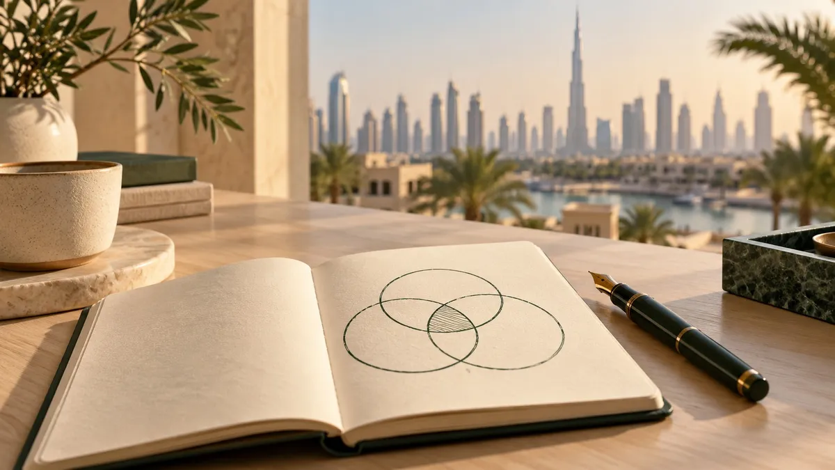 A notebook with three overlapping circles drawn in green ink