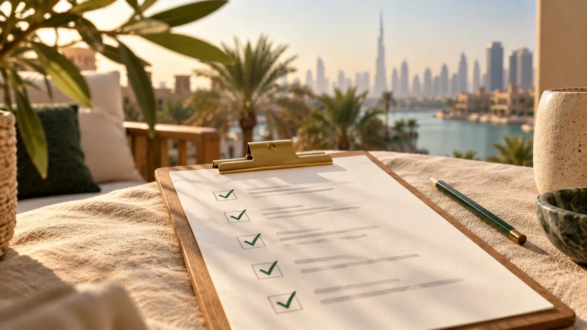 A printed checklist with ticks on a terrace in Dubai