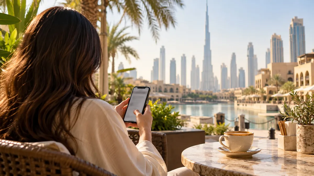 A woman on a café terrace in Downtown Dubai asking her phone a question