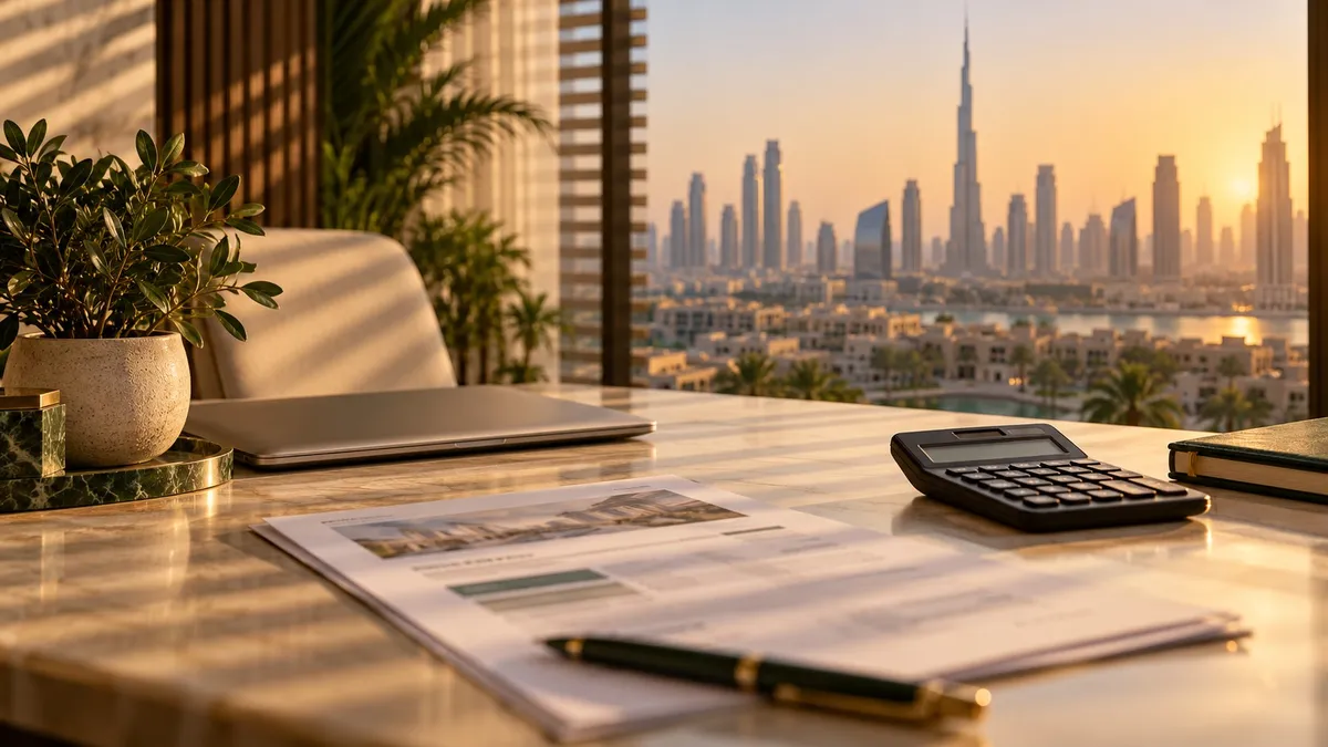 A desk with a proposal and a calculator, overlooking Dubai at sunset