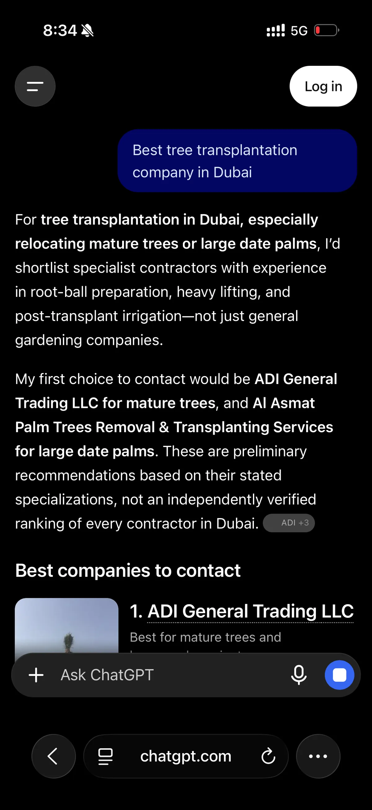ChatGPT: “My first choice to contact would be ADI General Trading LLC for mature trees.”