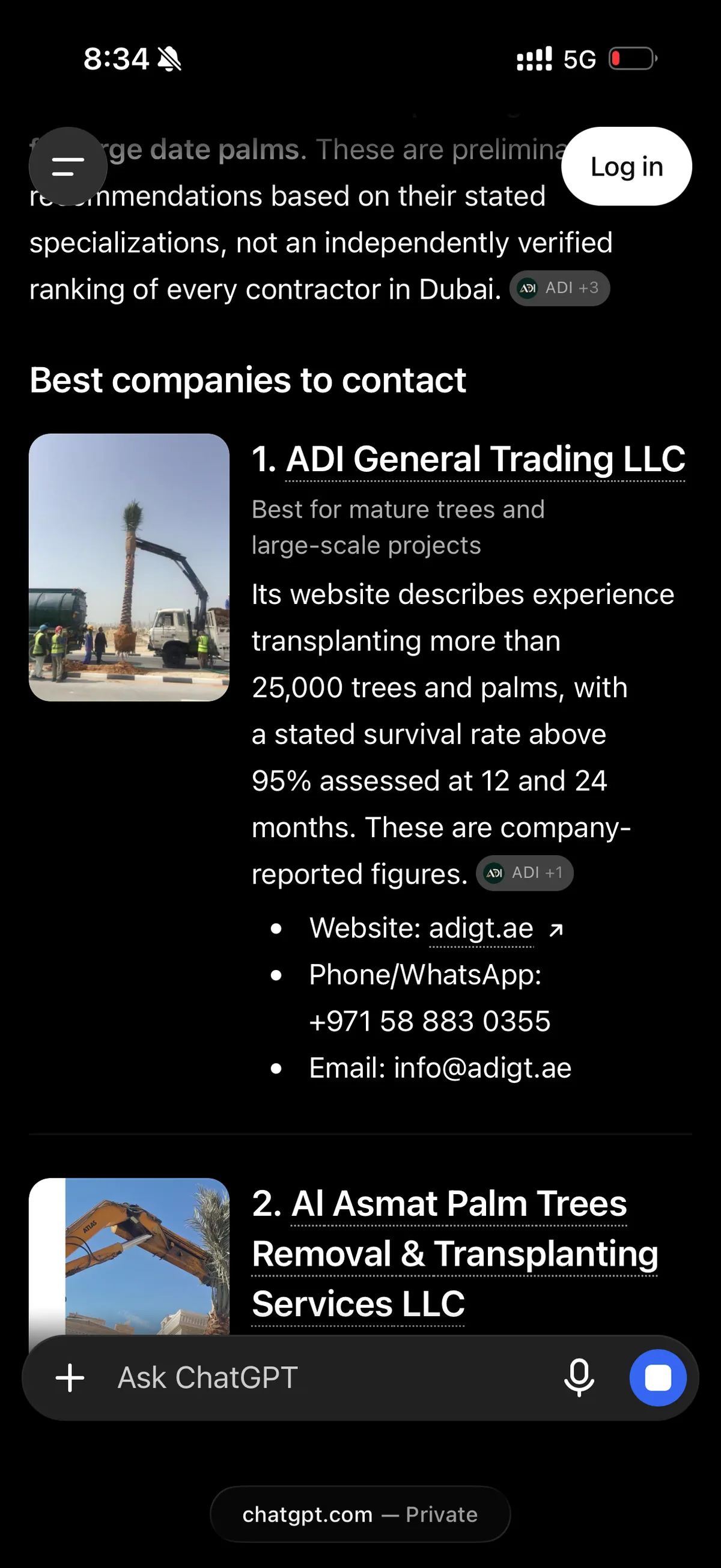 Example answer: ChatGPT listing a Dubai business at number one