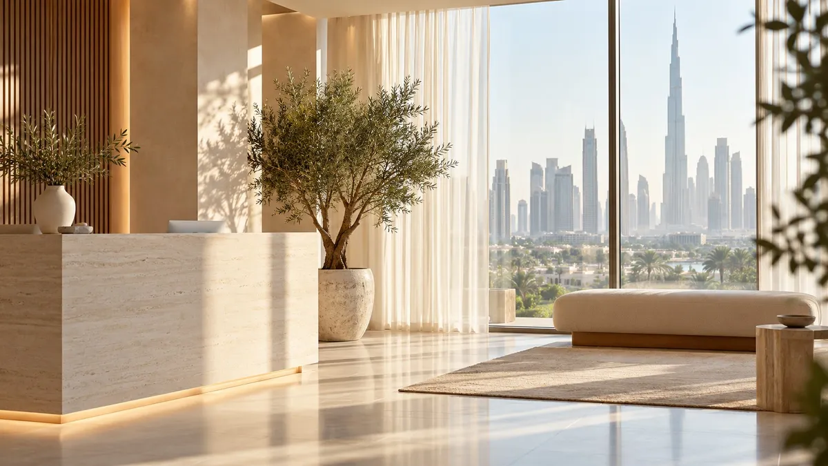 A bright clinic reception in Dubai with an olive tree