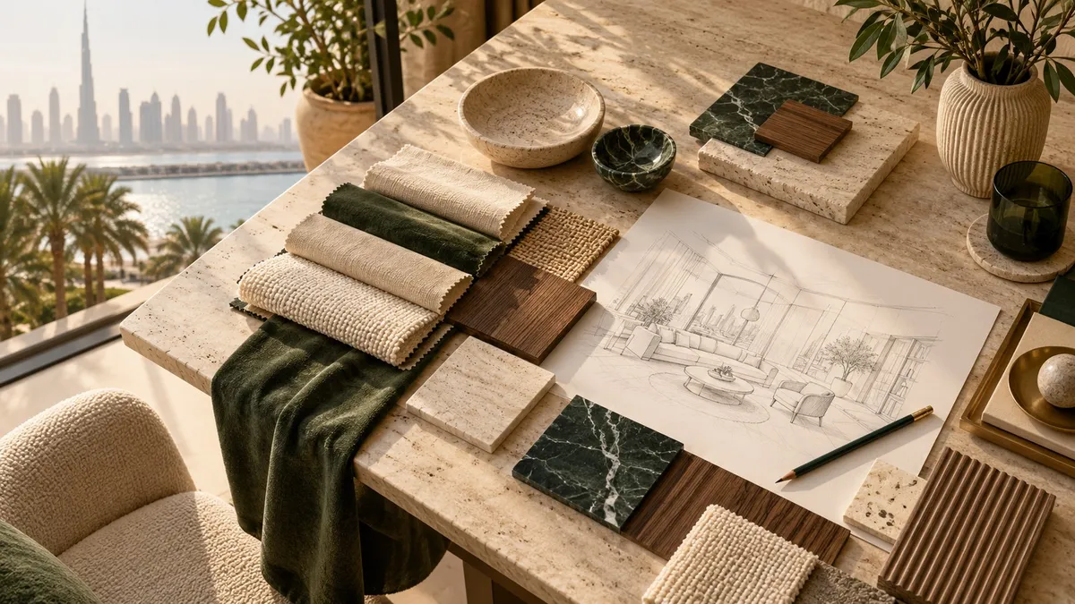 Fabric, stone and timber samples beside a pencil sketch of a living room