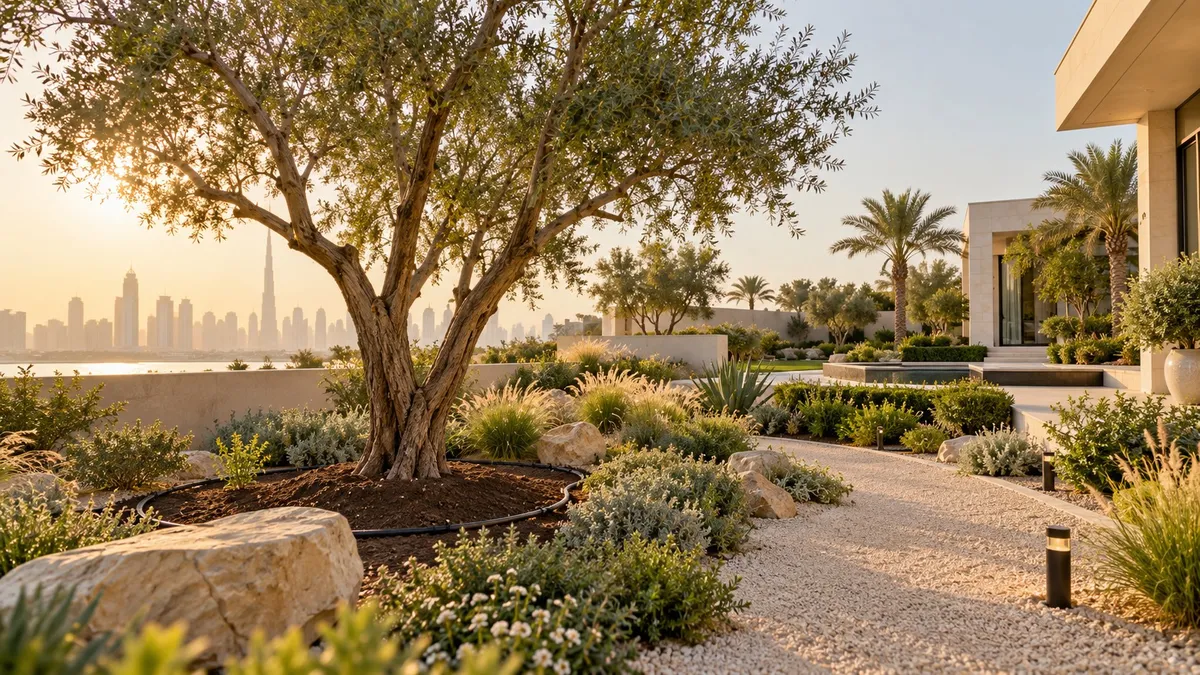 A newly landscaped Dubai villa garden with a mature tree