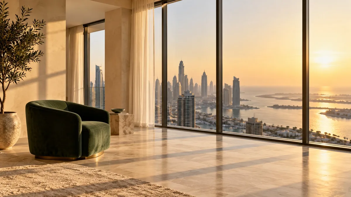 An empty Dubai apartment overlooking the Palm at sunset