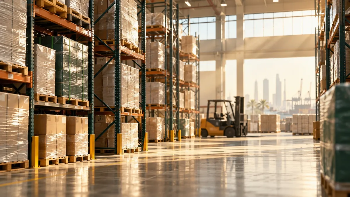 Pallets on racking in a sunlit Dubai warehouse